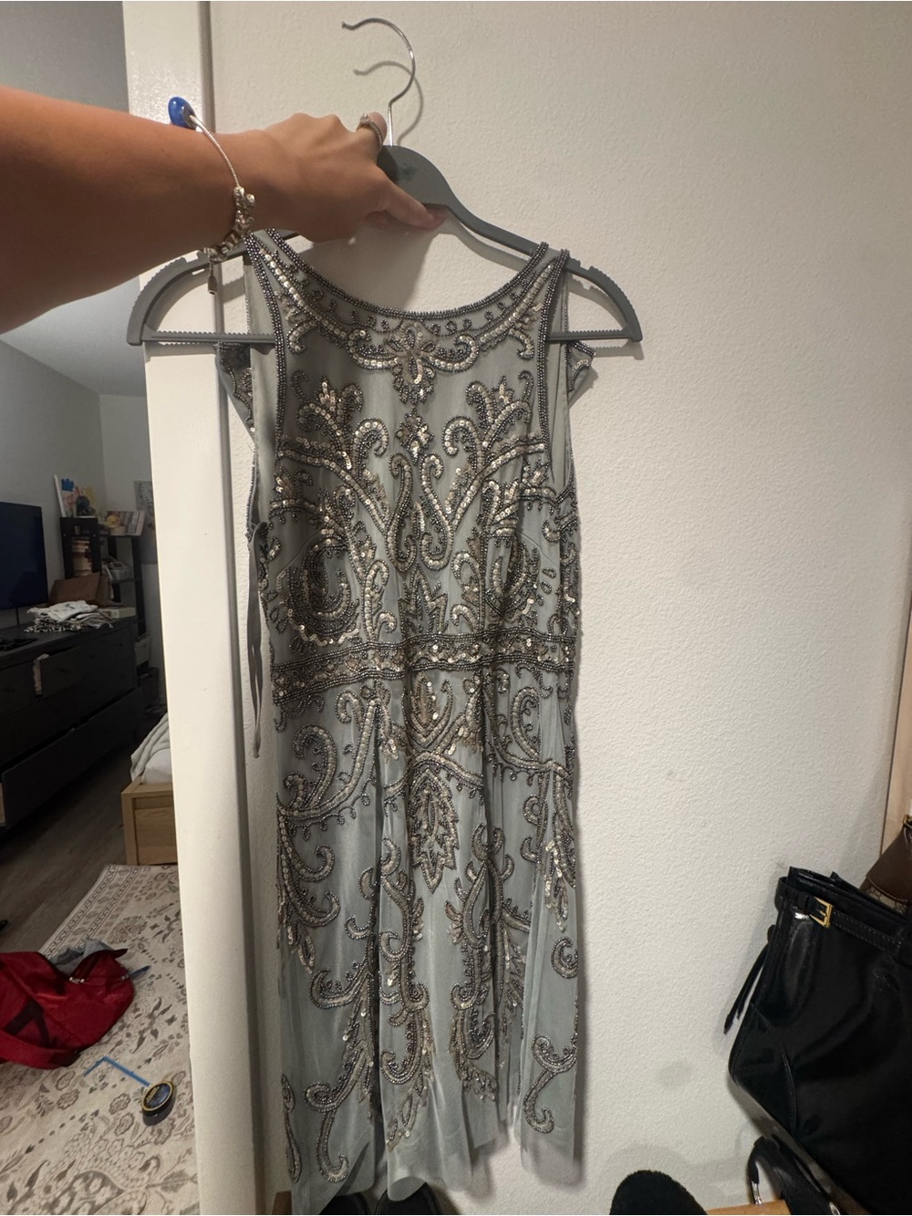 Embellished Silver Beaded Sleeveless Dress